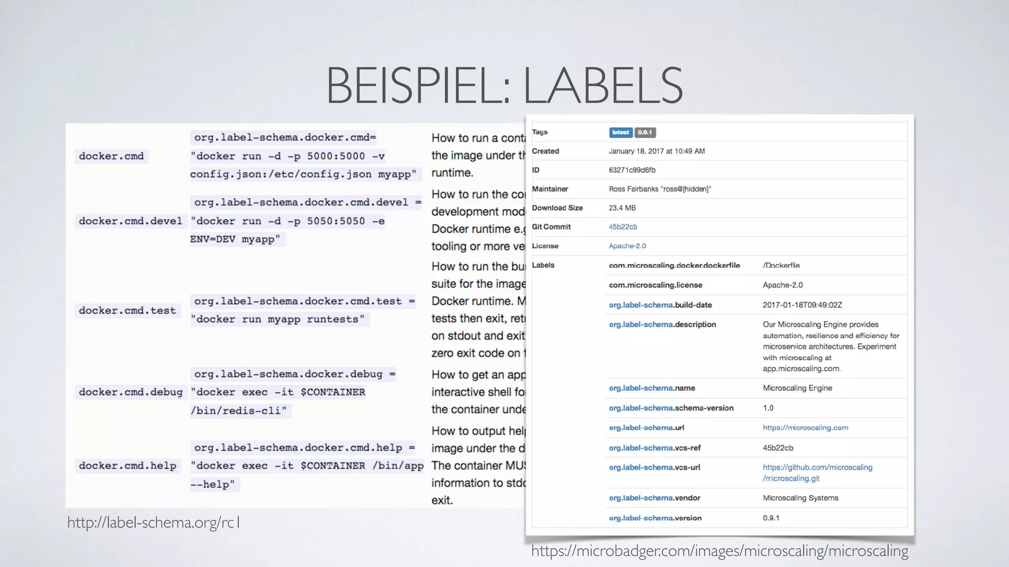 BEISPIEL: LABELS
http://label-schema.org/rc1
https://microbadger.com/images/microscaling/microscaling
 