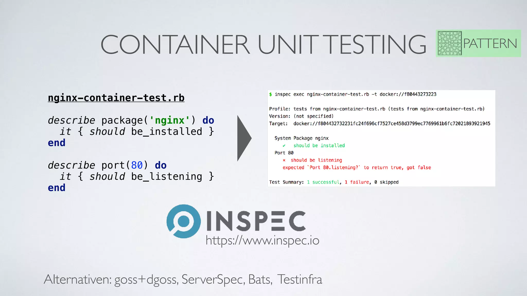 CONTAINER UNITTESTING PATTERN
nginx-container-test.rb
describe package('nginx') do
it { should be_installed }
end
describe port(80) do
it { should be_listening }
end
https://www.inspec.io
Alternativen: goss+dgoss, ServerSpec, Bats, Testinfra
 