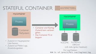STATEFUL CONTAINER ANTIPATTERN
mycontainer
Prozess
Container
FileSystem
• Zustand im Hauptspeicher:
User-Session
• Zustand auf Platte: Logs,
Anwendungsdaten
• Container sind ﬂüchtig:
Zustand kann verloren
gehen
• Das Container FS ist
langsam
mycontainer
VOLUME In-Memory  
DB/Grid  
(z.B. redis, Ignite, Hazelcast)
Für Log-Dateien:
RUN ln -sf /proc/1/fd/1 /var/log/test.log
Prozess
 