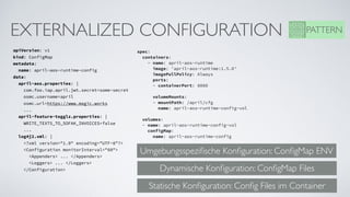 EXTERNALIZED CONFIGURATION
apiVersion: v1
kind: ConfigMap
metadata: 
  name: april-aos-runtime-config
data: 
  april-aos.properties: |       
    com.foo.iap.april.jwt.secret=some-secret      
    osmc.username=april   
    osmc.url=https://www.magic.works
    ...
  april-feature-togglz.properties: |         
    WRITE_TEXT5_TO_SOFAK_INVOICES=false
    ...
  log4j2.xml: |   
    <?xml version="1.0" encoding="UTF-8"?>   
    <Configuration monitorInterval="60">
      <Appenders> ... </Appenders>
      <Loggers> ... </Loggers>
    </Configuration>
spec:     
  containers:     
    - name: april-aos-runtime
      image: 'april-aos-runtime:1.5.0'
      imagePullPolicy: Always       
      ports:       
      - containerPort: 8080      
     
      volumeMounts:       
      - mountPath: /april/cfg         
        name: april-aos-runtime-config-vol     
 
  volumes:     
  - name: april-aos-runtime-config-vol          
    configMap:         
      name: april-aos-runtime-config
PATTERN
Umgebungsspeziﬁsche Konﬁguration: ConﬁgMap ENV
Dynamische Konﬁguration: ConﬁgMap Files
Statische Konﬁguration: Conﬁg Files im Container
 