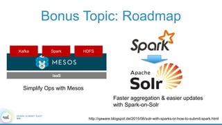 Bonus Topic: Roadmap
SparkKafka HDFS
IaaS
Simplify Ops with Mesos
Faster aggregation & easier updates
with Spark-on-Solr
http://qaware.blogspot.de/2015/06/solr-with-sparks-or-how-to-submit-spark.html
 