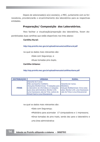 Depois de selecionada(s) a(s) escola(s), o MEC, juntamente com os for-
 necedores, providenciarão o encaminhamento dos laboratórios para as respectivas
 entidades.


                Preparação/ Composição dos Laboratórios.

                Para facilitar a visualização/preparação dos laboratórios, foram dis-

 ponibilizadas duas cartilhas que estão disponíveis nos links abaixo:

                Cartilha Rural:


                http://sip.proinfo.mec.gov.br/upload/manuais/cartilharural.pdf


                na qual os dados mais relevantes são:

                         •Sala com Segurança; e

                         •Duas tomadas pino duplo.

                Cartilha Urbana:


                http://sip.proinfo.mec.gov.br/upload/manuais/cartilhaurbana.pdf



     DISTRIBUIÇÃO                   URBANA                                    RURAL
                     Garantia de 3 anos;
                     Não acompanha mobiliário;                   Garantia de 3 anos;
                     Soluções Multiterminais: 15 estações para   Mobiliário;
        ITENS        o laboratório de informática e 2 estações   Solução Multiterminais: Cinco esta-
                     para área administrativa; Monitor LCD,      ções, Monitor LCD, uma Impressora
                     uma Impressora Jato de Tinta, Leitora de    Jato de Tinta e Linux Educacional.
                     Smart Card e Linux Educacional.




                na qual os dados mais relevantes são:

                         •Sala com Segurança;

                         •Mobiliário para acomodar 17 computadores e 1 impressora;

                         •Onze tomadas de pino triplo, sendo dez para o laboratório e

                         uma área administrativa




14      Adesão ao Proinfo utilizando o sistema - SIGETEC
 
