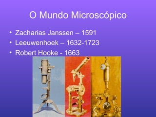 O Mundo Microscópico
• Zacharias Janssen – 1591
• Leeuwenhoek – 1632-1723
• Robert Hooke - 1663
 