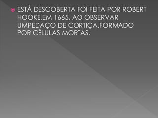  ESTÁ DESCOBERTA FOI FEITA POR ROBERT 
HOOKE,EM 1665, AO OBSERVAR 
UMPEDAÇO DE CORTIÇA,FORMADO 
POR CÉLULAS MORTAS. 
 