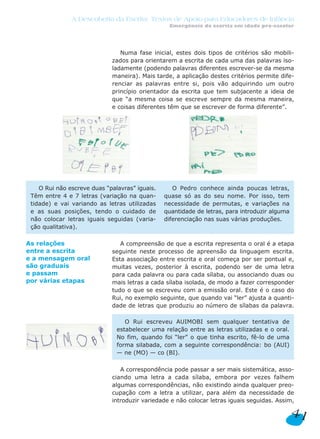 A Descoberta da Escrita: Textos de Apoio para Educadores de Infância
                                                 Emergência da escrita em idade pré-escolar




                                Numa fase inicial, estes dois tipos de critérios são mobili-
                             zados para orientarem a escrita de cada uma das palavras iso-
                             ladamente (podendo palavras diferentes escrever-se da mesma
                             maneira). Mais tarde, a aplicação destes critérios permite dife-
                             renciar as palavras entre si, pois vão adquirindo um outro
                             princípio orientador da escrita que tem subjacente a ideia de
                             que “a mesma coisa se escreve sempre da mesma maneira,
                             e coisas diferentes têm que se escrever de forma diferente”.




    O Rui não escreve duas “palavras” iguais.      O Pedro conhece ainda poucas letras,
 Têm entre 4 e 7 letras (variação na quan-      quase só as do seu nome. Por isso, tem
 tidade) e vai variando as letras utilizadas    necessidade de permutas, e variações na
 e as suas posições, tendo o cuidado de         quantidade de letras, para introduzir alguma
 não colocar letras iguais seguidas (varia-     diferenciação nas suas várias produções.
 ção qualitativa).

As relações                     A compreensão de que a escrita representa o oral é a etapa
entre a escrita              seguinte neste processo de apreensão da linguagem escrita.
e a mensagem oral            Esta associação entre escrita e oral começa por ser pontual e,
são graduais                 muitas vezes, posterior à escrita, podendo ser de uma letra
e passam                     para cada palavra ou para cada sílaba, ou associando duas ou
por várias etapas            mais letras a cada sílaba isolada, de modo a fazer corresponder
                             tudo o que se escreveu com a emissão oral. Este é o caso do
                             Rui, no exemplo seguinte, que quando vai “ler” ajusta a quanti-
                             dade de letras que produziu ao número de sílabas da palavra.

                                  O Rui escreveu AUIMOBI sem qualquer tentativa de
                               estabelecer uma relação entre as letras utilizadas e o oral.
                               No fim, quando foi “ler” o que tinha escrito, fê-lo de uma
                               forma silabada, com a seguinte correspondência: bo (AUI)
                               — ne (MO) — co (BI).

                                A correspondência pode passar a ser mais sistemática, asso-
                             ciando uma letra a cada sílaba, embora por vezes falhem
                             algumas correspondências, não existindo ainda qualquer preo-
                             cupação com a letra a utilizar, para além da necessidade de
                             introduzir variedade e não colocar letras iguais seguidas. Assim,

                                                                                               41
 
