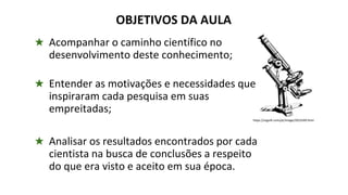 ★ Acompanhar o caminho científico no
desenvolvimento deste conhecimento;
★ Entender as motivações e necessidades que
inspiraram cada pesquisa em suas
empreitadas;
★ Analisar os resultados encontrados por cada
cientista na busca de conclusões a respeito
do que era visto e aceito em sua época.
https://svgsilh.com/pt/image/2023249.html
OBJETIVOS DA AULA
 