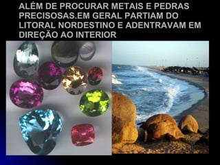 ALÉM DE PROCURAR METAIS E PEDRAS PRECISOSAS.EM GERAL PARTIAM DO LITORAL NORDESTINO E ADENTRAVAM EM DIREÇÃO AO INTERIOR 