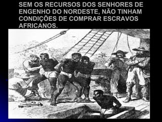 SEM OS RECURSOS DOS SENHORES DE ENGENHO DO NORDESTE, NÃO TINHAM CONDIÇÕES DE COMPRAR ESCRAVOS AFRICANOS. 