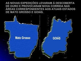 AS NOVAS EXPEDIÇÕES LEVARAM Á DESCOBERTA DE OURO E PROVOCARAM NOVA CORRIDA NAS ÁREAS CORRESPONDENTES AOS ATUAIS ESTADOS DE MATO GROSSO E GOIÁS. 