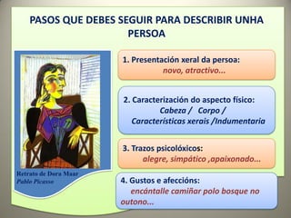 PASOS QUE DEBES SEGUIR PARA DESCRIBIR UNHA
                      PERSOA

                       1. Presentación xeral da persoa:
                                  novo, atractivo...


                       2. Caracterización do aspecto físico:
                                 Cabeza / Corpo /
                          Características xerais /Indumentaria


                       3. Trazos psicolóxicos:
                             alegre, simpático ,apaixonado...
Retrato de Dora Maar
Pablo Picasso          4. Gustos e afeccións:
                          encántalle camiñar polo bosque no
                       outono...
 