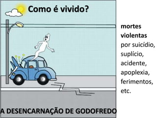 Como é vivido?
A DESENCARNAÇÃO DE GODOFREDO
mortes
violentas
por suicídio,
suplício,
acidente,
apoplexia,
ferimentos,
etc.
 