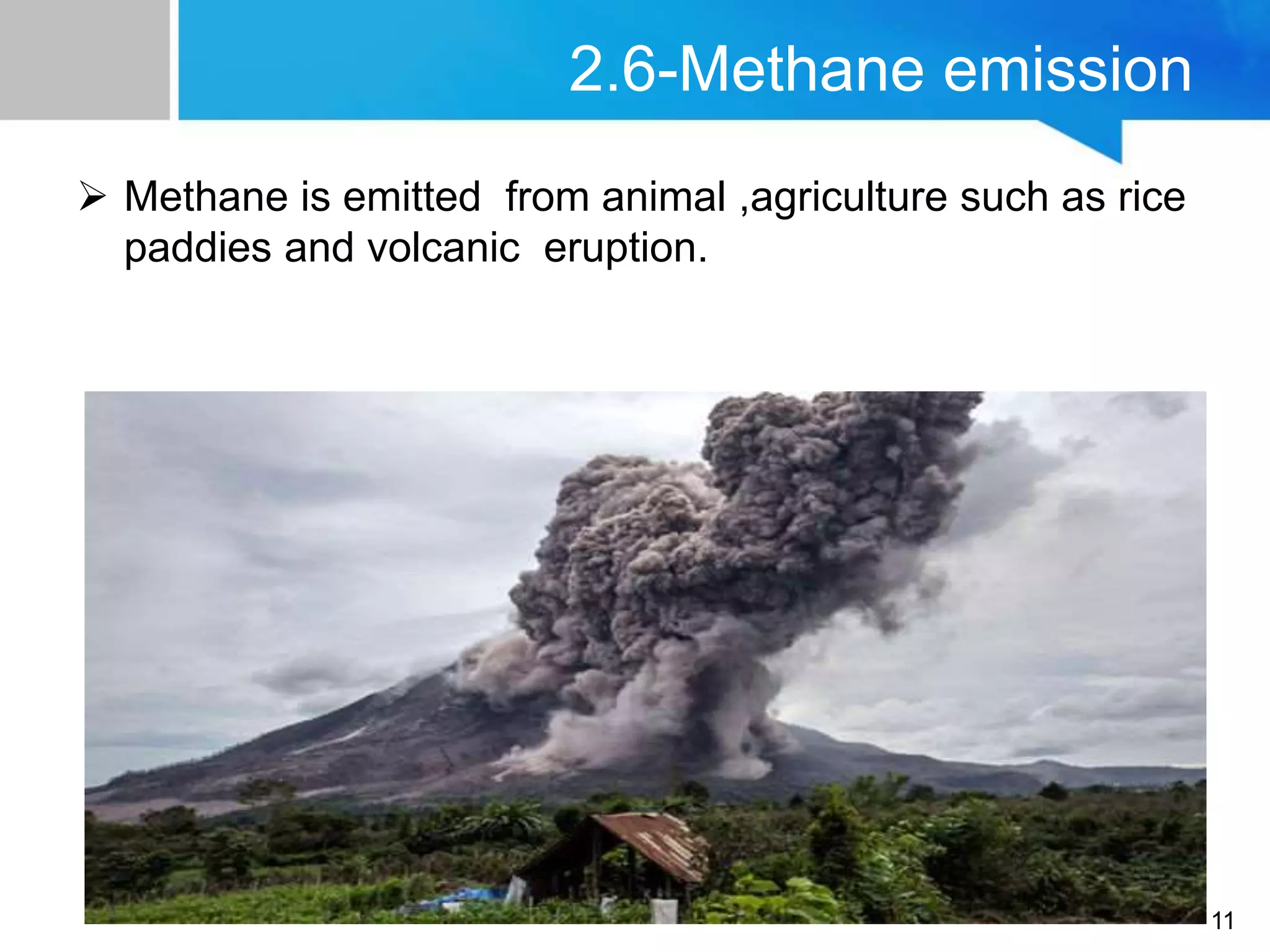 2.6-Methane emission
 Methane is emitted from animal ,agriculture such as rice
paddies and volcanic eruption.
11
 