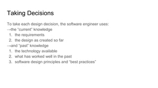 Taking Decisions
To take each design decision, the software engineer uses:
→the “current” knowledge
1. the requirements
2. the design as created so far
→and “past” knowledge
1. the technology available
2. what has worked well in the past
3. software design principles and “best practices”
 