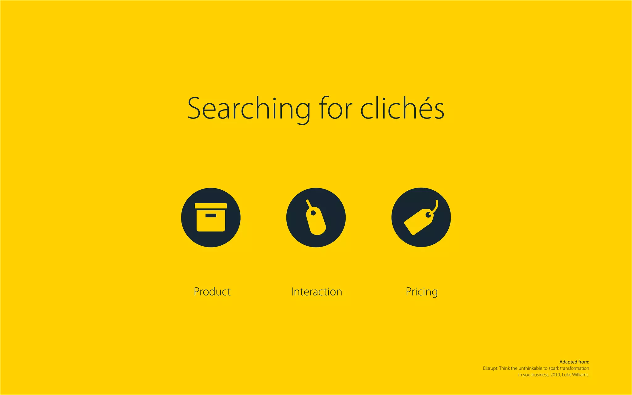 Searching for clichés
Product Interaction Pricing
📦
Adapted from:
Disrupt: Think the unthinkable to spark transformation
in you business, 2010, Luke Williams.
 