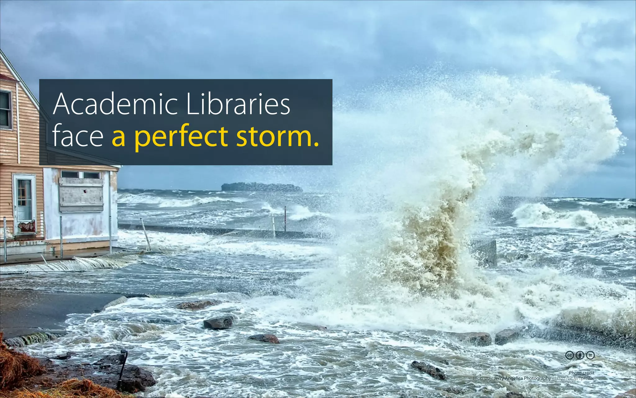 Academic Libraries
face a perfect storm.
🕅🕆🕋
Photo credit
Flickr user Jerry Angelica Photography - http://bit.ly/1pKfZzc
 