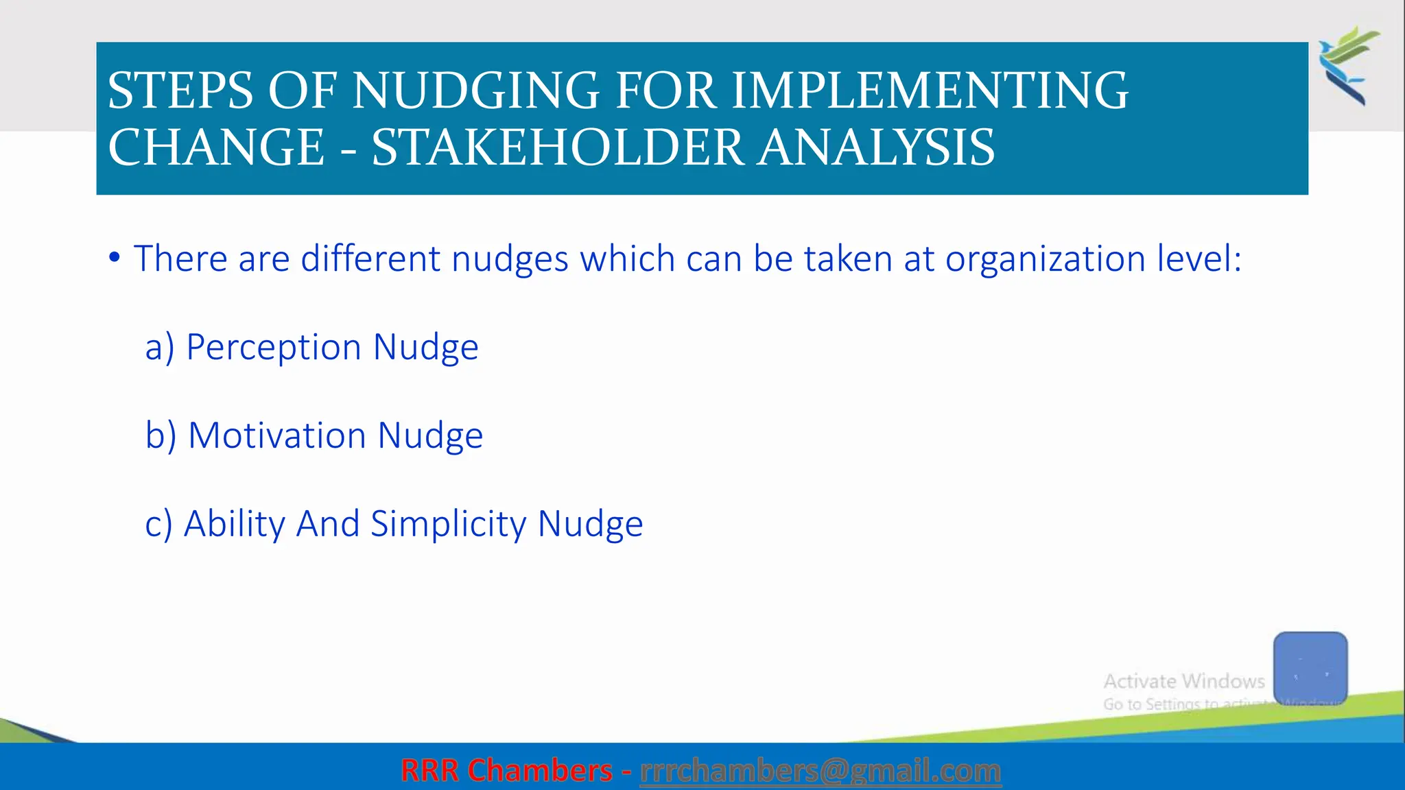 STEPS OF NUDGING FOR IMPLEMENTING
CHANGE - STAKEHOLDER ANALYSIS
• There are different nudges which can be taken at organization level:
a) Perception Nudge
b) Motivation Nudge
c) Ability And Simplicity Nudge
34
 