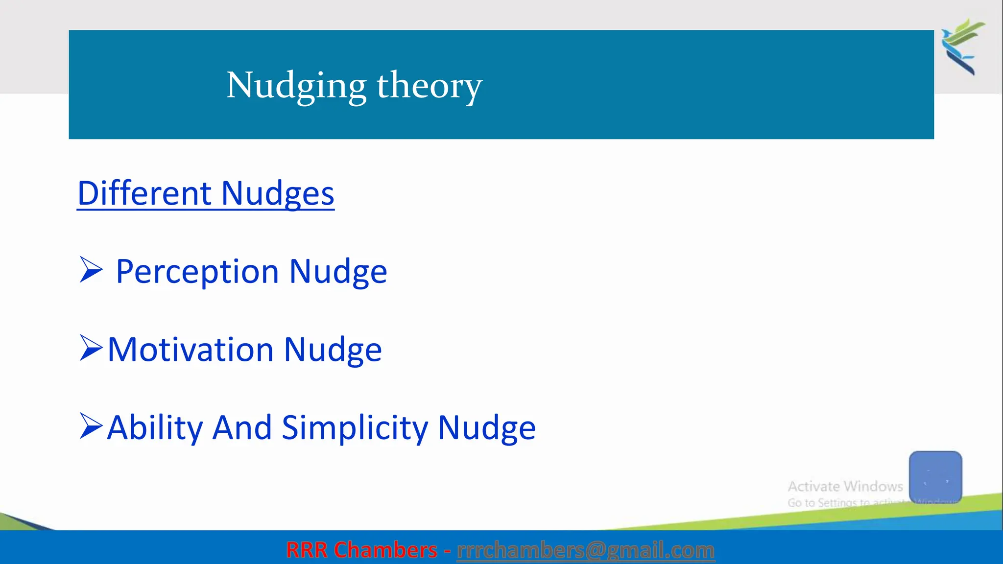 Nudging theory
Different Nudges
 Perception Nudge
Motivation Nudge
Ability And Simplicity Nudge
6
 