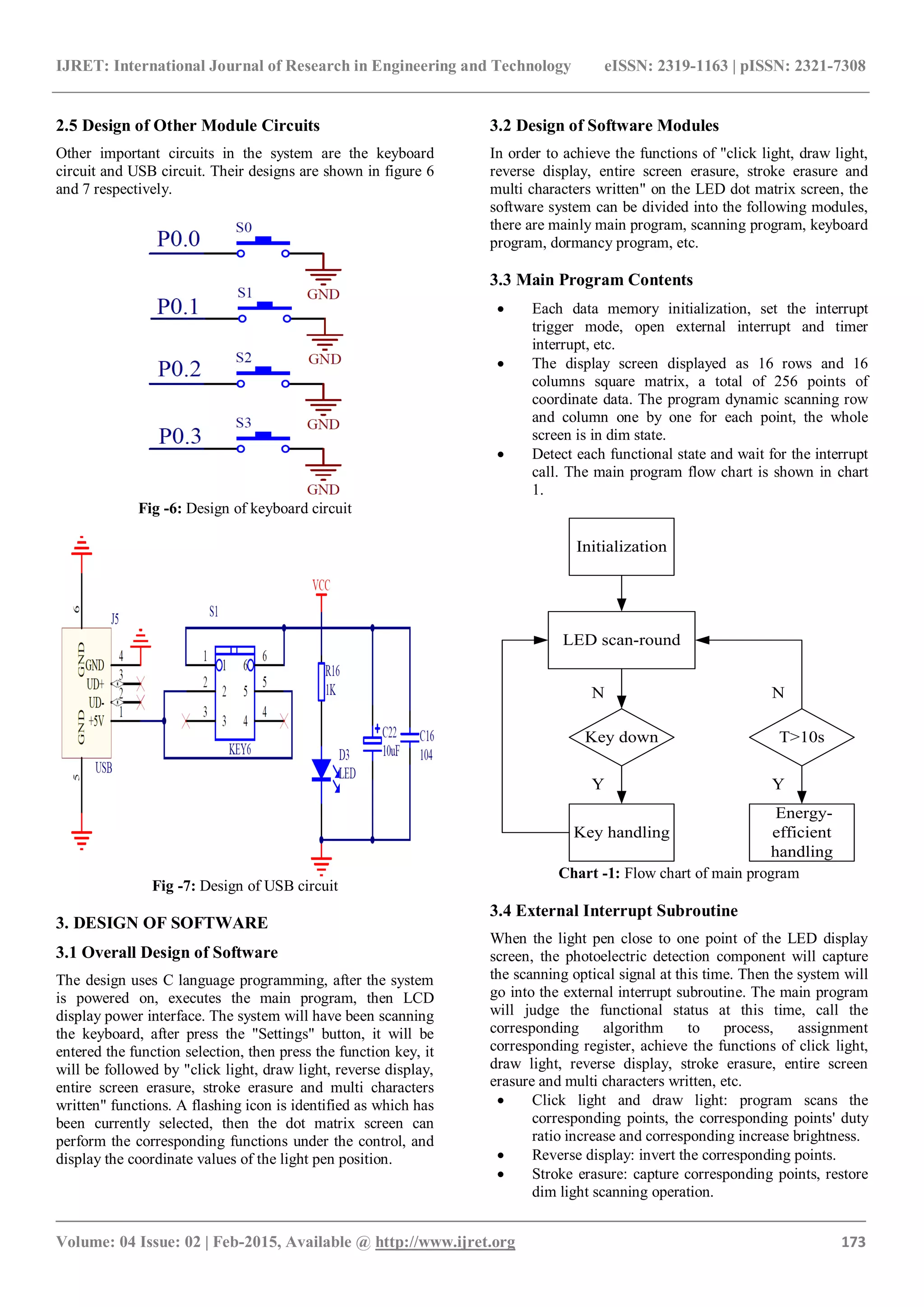 IJRET: International Journal of Research in Engineering and Technology eISSN: 2319-1163 | pISSN: 2321-7308
_______________________________________________________________________________________
Volume: 04 Issue: 02 | Feb-2015, Available @ http://www.ijret.org 173
2.5 Design of Other Module Circuits
Other important circuits in the system are the keyboard
circuit and USB circuit. Their designs are shown in figure 6
and 7 respectively.
Fig -6: Design of keyboard circuit
Fig -7: Design of USB circuit
3. DESIGN OF SOFTWARE
3.1 Overall Design of Software
The design uses C language programming, after the system
is powered on, executes the main program, then LCD
display power interface. The system will have been scanning
the keyboard, after press the "Settings" button, it will be
entered the function selection, then press the function key, it
will be followed by "click light, draw light, reverse display,
entire screen erasure, stroke erasure and multi characters
written" functions. A flashing icon is identified as which has
been currently selected, then the dot matrix screen can
perform the corresponding functions under the control, and
display the coordinate values of the light pen position.
3.2 Design of Software Modules
In order to achieve the functions of "click light, draw light,
reverse display, entire screen erasure, stroke erasure and
multi characters written" on the LED dot matrix screen, the
software system can be divided into the following modules,
there are mainly main program, scanning program, keyboard
program, dormancy program, etc.
3.3 Main Program Contents
 Each data memory initialization, set the interrupt
trigger mode, open external interrupt and timer
interrupt, etc.
 The display screen displayed as 16 rows and 16
columns square matrix, a total of 256 points of
coordinate data. The program dynamic scanning row
and column one by one for each point, the whole
screen is in dim state.
 Detect each functional state and wait for the interrupt
call. The main program flow chart is shown in chart
1.
Initialization
LED scan-round
Key down
Key handling
T>10s
Energy-
efficient
handling
Y
NN
Y
Chart -1: Flow chart of main program
3.4 External Interrupt Subroutine
When the light pen close to one point of the LED display
screen, the photoelectric detection component will capture
the scanning optical signal at this time. Then the system will
go into the external interrupt subroutine. The main program
will judge the functional status at this time, call the
corresponding algorithm to process, assignment
corresponding register, achieve the functions of click light,
draw light, reverse display, stroke erasure, entire screen
erasure and multi characters written, etc.
 Click light and draw light: program scans the
corresponding points, the corresponding points' duty
ratio increase and corresponding increase brightness.
 Reverse display: invert the corresponding points.
 Stroke erasure: capture corresponding points, restore
dim light scanning operation.
 