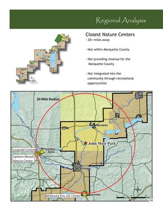 Regional Analysis

                                                          Closest Nature Centers
                                                          - 20+ miles away


                                                          - Not within Marquette County


                                                          - Not providing revenue for the
                                                            Marquette County


                                                          - Not integrated into the
                                                            community through recreational
                                                            opportunities



                       20 Mile Radius




                                                                                                    r
                                                                                                   e
                                                                                               iv
                                                                                               R
                                                                                           x
                                                                                       o
                                                                                   F




                                                                 Montello
            W
            is
                co
                   ns
                      in




                                                         _
                                                         ^ John Muir Park
Leopold Center             Wisconsin

                   jj
                   kk
                               Dells
Upham Woods
Nature Center                  Riv
                                   er




                                                     Portage




                              McKenzie Env. Ed. Center   j
                                                         k Poynette            0           3            6
                                                                                                            Ü   12
                                                                                                                 Miles
                                                                                                                    14
 