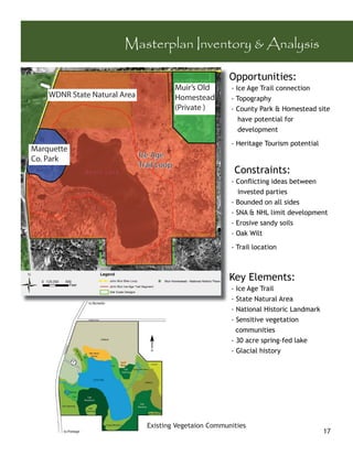 Masterplan Inventory & Analysis

                                                        O
                                                        Opportunities:
                                           Muir’s Old    - Ice Age Trail connection
    WDNR State Natural Area                Homestead     - Topography
                                           (Private )    - County Park & Homestead site
                                                            have potential for
                                                            development

                                                         - Heritage Tourism potential
Marquette
Co. Park                      Ice Age
                              Trail Loop
                                                             Constraints:
                                                         - Conﬂicting ideas between
                                                           invested parties
                                                         - Bounded on all sides
                                                         - SNA & NHL limit development
                                                         - Erosive sandy soils
                                                         - Oak Wilt

                                                         - Trail location



                                                        K
                                                        Key Elements:
                                                         - Ice Age Trail
                                                         - State Natural Area
                                                         - National Historic Landmark
                                                         - Sensitive vegetation
                                                           communities
                                                         - 30 acre spring-fed lake
                                                         - Glacial history




                                Existing Vegetaion Communities
                                                                                        17
 