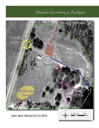 Siteplan Inventory & Analysis

                                     Ice Age Trailhead

                     No Trails to
Uninviting           Ice Age Trail
Entrance
                          Small
                          Parking     No Seating
                          Lot
                                          Runoff flows
                         Restrooms
             Expansive                    into lake
               lawn                                   Boat
             requires                                Ramp
             mowing                                  & Pier


    Old Baseball                       Good Views
       Field                           From Hill topp

     Ice Age Trailhead

John Muir Memorial Co.Park
                                                         18
 
