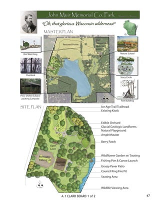 John Muir Memorial Co. Park                                       Marquette, Co. Wisconsin




                                            “Oh, that glorious Wisconsin wilderness!”
                                             MASTER PLAN

                                                                                             Old
                                                                                             Homestead
                                                              Restored Prairie
                                                                                             open to
  Typical Points of Interest along trail.
                                                                                             public

    Bird Watching                                                                                                 Nature School
                                                             Sensitive
                                                             Fen
                                                                                     Oak
                                                                                   Opening


         Overlook
                                                 Sensitive                                                        Story Circle
                                                 Fen




Pinic Shelter & Back-                                                     Sedge
 packing Campsite                                                         Meadow
                                                                                                                  Fort Building

SITE PLAN                                                                                        Ice Age Trail Trailhead
                                                                                                 Existing Kiosk


                                                                                                 Edible Orchard
                                                                                                 Glacial Geologic Landforms
                                                                                                 Natural Playground
                                                                                                 Amphitheater

                                                                                                 Berry Patch
                                                Open
                                                Lawn


                                      Permeable                                                  Wildflower Garden w/ Seating
                                      Parking Lot                                                Fishing Pier & Canoe Launch
                                                     Heritage
                                                      Center                                     Grassy Paver Patio
                                                                                                 Council Ring Fire Pit
                                                                                                 Seating Area


                                                                                                 Wildlife Viewing Area

                                                             A.1 CLARB BOARD 1 of 2                                                        47
 