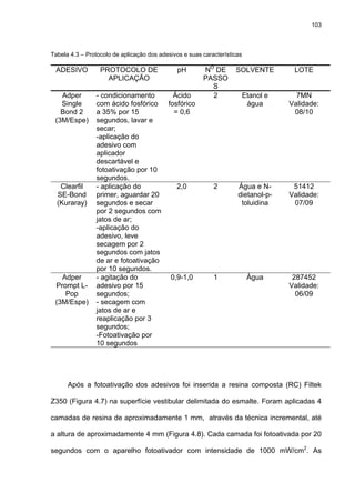 103



Tabela 4.3 – Protocolo de aplicação dos adesivos e suas características

 ADESIVO          PROTOCOLO DE                 pH       NO DE       SOLVENTE          LOTE
                    APLICAÇÃO                           PASSO
                                                          S
   Adper        - condicionamento     Ácido               2               Etanol e     7MN
   Single       com ácido fosfórico fosfórico                              água      Validade:
   Bond 2       a 35% por 15          = 0,6                                           08/10
 (3M/Espe)      segundos, lavar e
                secar;
                -aplicação do
                adesivo com
                aplicador
                descartável e
                fotoativação por 10
                segundos.
   Clearfil     - aplicação do         2,0                  2        Água e N-        51412
  SE-Bond       primer, aguardar 20                                  dietanol-p-     Validade:
  (Kuraray)     segundos e secar                                      toluidina       07/09
                por 2 segundos com
                jatos de ar;
                -aplicação do
                adesivo, leve
                secagem por 2
                segundos com jatos
                de ar e fotoativação
                por 10 segundos.
   Adper        - agitação do        0,9-1,0                1              Água       287452
 Prompt L-      adesivo por 15                                                       Validade:
    Pop         segundos;                                                              06/09
 (3M/Espe)      - secagem com
                jatos de ar e
                reaplicação por 3
                segundos;
                -Fotoativação por
                10 segundos




      Após a fotoativação dos adesivos foi inserida a resina composta (RC) Filtek

Z350 (Figura 4.7) na superfície vestibular delimitada do esmalte. Foram aplicadas 4

camadas de resina de aproximadamente 1 mm, através da técnica incremental, até

a altura de aproximadamente 4 mm (Figura 4.8). Cada camada foi fotoativada por 20

segundos com o aparelho fotoativador com intensidade de 1000 mW/cm2. As
 