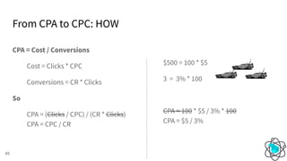 From CPA to CPC: HOW
45
CPA = Cost / Conversions
Cost = Clicks * CPC
Conversions = CR * Clicks
So
CPA = (Clicks / CPC) / (CR * Clicks)
CPA = CPC / CR
$500 = 100 * $5
3 = 3% * 100
CPA = 100 * $5 / 3% * 100
CPA = $5 / 3%
 