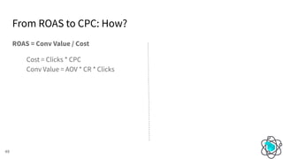 From ROAS to CPC: How?
49
ROAS = Conv Value / Cost
Cost = Clicks * CPC
Conv Value = AOV * CR * Clicks
 