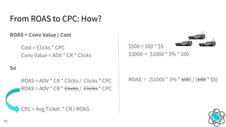 From ROAS to CPC: How?
53
ROAS = Conv Value / Cost
Cost = Clicks * CPC
Conv Value = AOV * CR * Clicks
So
ROAS = AOV * CR * Clicks / Clicks * CPC
ROAS = AOV * CR * Clicks / Clicks * CPC
CPC = Avg Ticket * CR / ROAS
$500 = 100 * $5
$3000 = $1000 * 3% * 100
ROAS = ($1000 * 3% * 100) / (100 * $5)
 