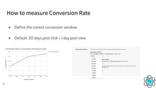 How to measure Conversion Rate
61
● Define the correct conversion window
● Default: 30 days post click + 1 day post view
 