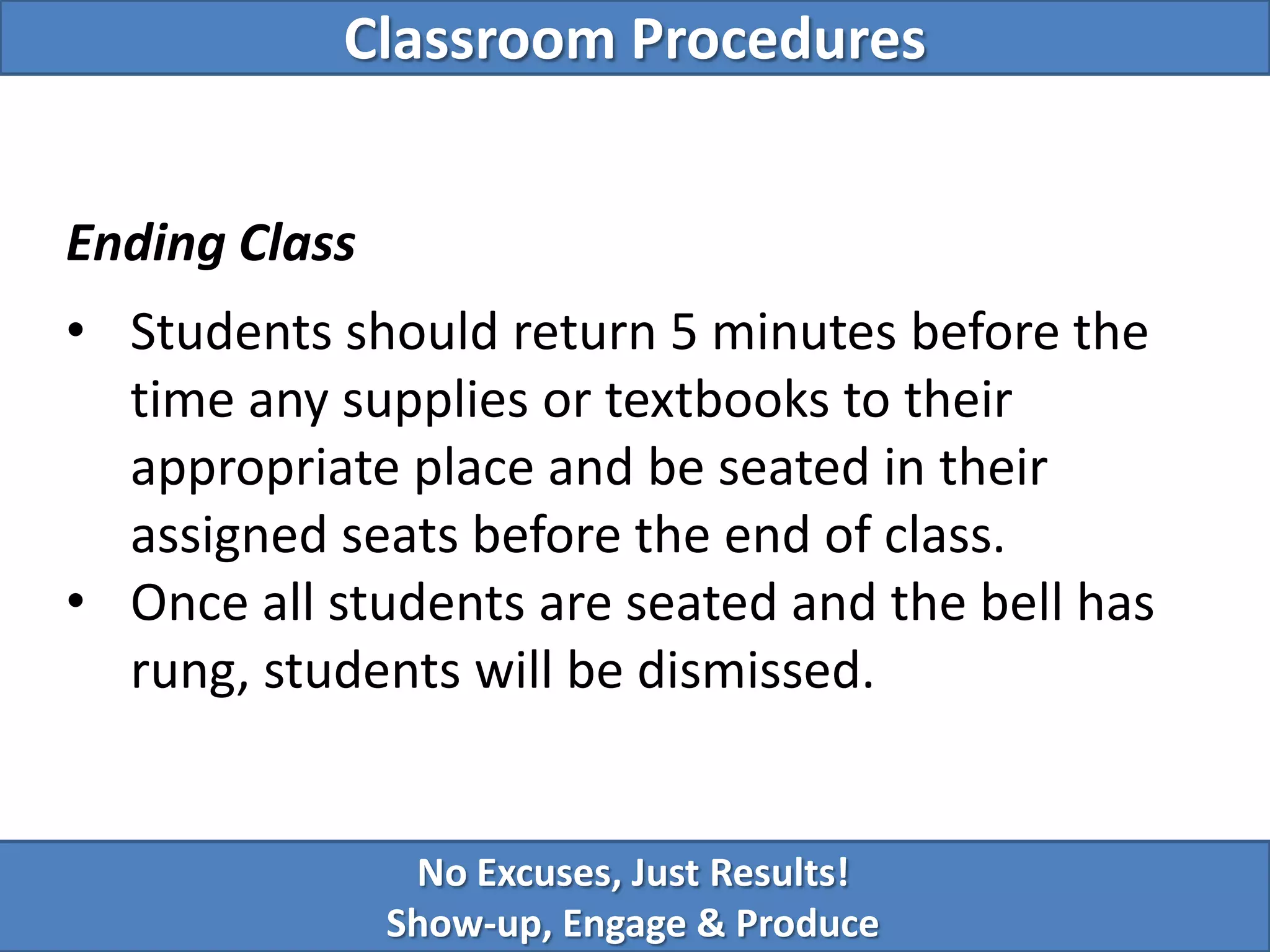 Classroom RulesBe Polite.  Respect the people and properties of South High School.Be prepared.Bring a pen/pencil, your notebook and a calculator to class each day.Be present.Be in class every day that you are not sick.Be prompt.  Arrive to class on time. Students who are tardy more than 2 times will be sent to a Holding Room in the cafeteria.Be Productive.  Participate in classroom activities and complete all of your homework.No Excuses, Just Results!Show-up, Engage & Produce