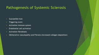 Pathogenesis of Systemic Sclerosis
 Susceptible host
 Triggering event
 Activation immune system
 Endothelial cell activation
 Activation fibroblasts
 Obliterative vasculopathy and Fibrosis (increased collagen deposition)
 