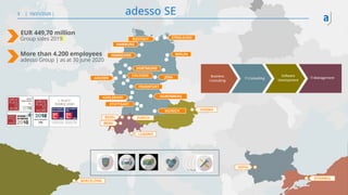 10/21/2020 adesso SE3
HAMBURG
BASEL
BERN
ZURICH
STRALSUND
HANNOVER BERLIN
DORTMUND
JENAAACHEN
COLOGNE
FRANKFURT
NUREMBERGKARLSRUHE
STUTTGART
MUNICH VIENNA
BARCELONA
SOFIA
ISTANBUL
EUR 449,70 million
Group sales 2019
More than 4.200 employees
adesso Group | as at 30 June 2020
LUGANO
ROSTOCK
 