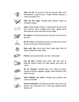Volta do Fiel nó inicial ou final de amarras. Não corre
lateralmente e suporta bem a tensão. Permite amarrar a
corda a um ponto fixo.
Volta do Fiel Duplo utilizado para amarrar cabos de
retenção e espias.
Catau utiliza-se para reduzir o comprimento de uma corda
sem cortá-la. Serve também para isolar alguma parte
danificada da corda, sem deixá-la sob tensão.
Nó Aselha é utilizado para fazer uma alça fixa no meio de
um cabo.
Nó de Arnez é utilizado para fazer uma alça fixa no meio
de uma corda (sem utilizar as pontas).
Balsa pelo Seio serve para fazer duas alças fixas do
mesmo tamanho em uma corda.
Fateixa serve para prender um cabo a uma argola.
Lais de Guia utilizado para fazer uma alça fixa (e
bastante segura) tendo em mãos apenas uma ponta da
corda.
Nó de Pescador utilizado para unir linhas de pesca,
cordas corrediças, delgadas, rígidas, cabos metálicos e até
cabos de couro.
Volta Redonda com Cotes utilizado para prender uma
corda a um bastão.
Volta do Salteador utilizado para prender uma corda a um
bastão, com uma ponta fixa e outra que quando puxada
desata o nó.
 
