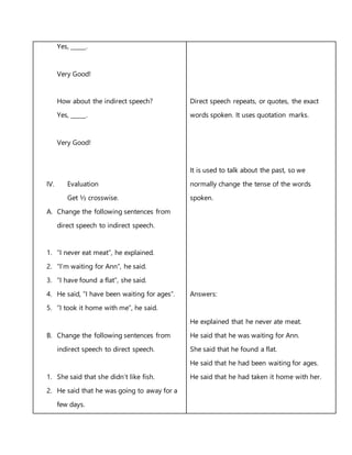 Yes, _____.
Very Good!
How about the indirect speech?
Yes, _____.
Very Good!
IV. Evaluation
Get ½ crosswise.
A. Change the following sentences from
direct speech to indirect speech.
1. “I never eat meat”, he explained.
2. “I’m waiting for Ann”, he said.
3. “I have found a flat”, she said.
4. He said, “I have been waiting for ages”.
5. “I took it home with me”, he said.
B. Change the following sentences from
indirect speech to direct speech.
1. She said that she didn’t like fish.
2. He said that he was going to away for a
few days.
Direct speech repeats, or quotes, the exact
words spoken. It uses quotation marks.
It is used to talk about the past, so we
normally change the tense of the words
spoken.
Answers:
He explained that he never ate meat.
He said that he was waiting for Ann.
She said that he found a flat.
He said that he had been waiting for ages.
He said that he had taken it home with her.
 