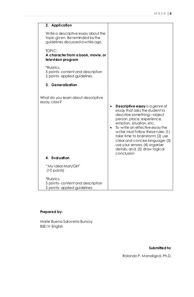 descriptive essay rubric