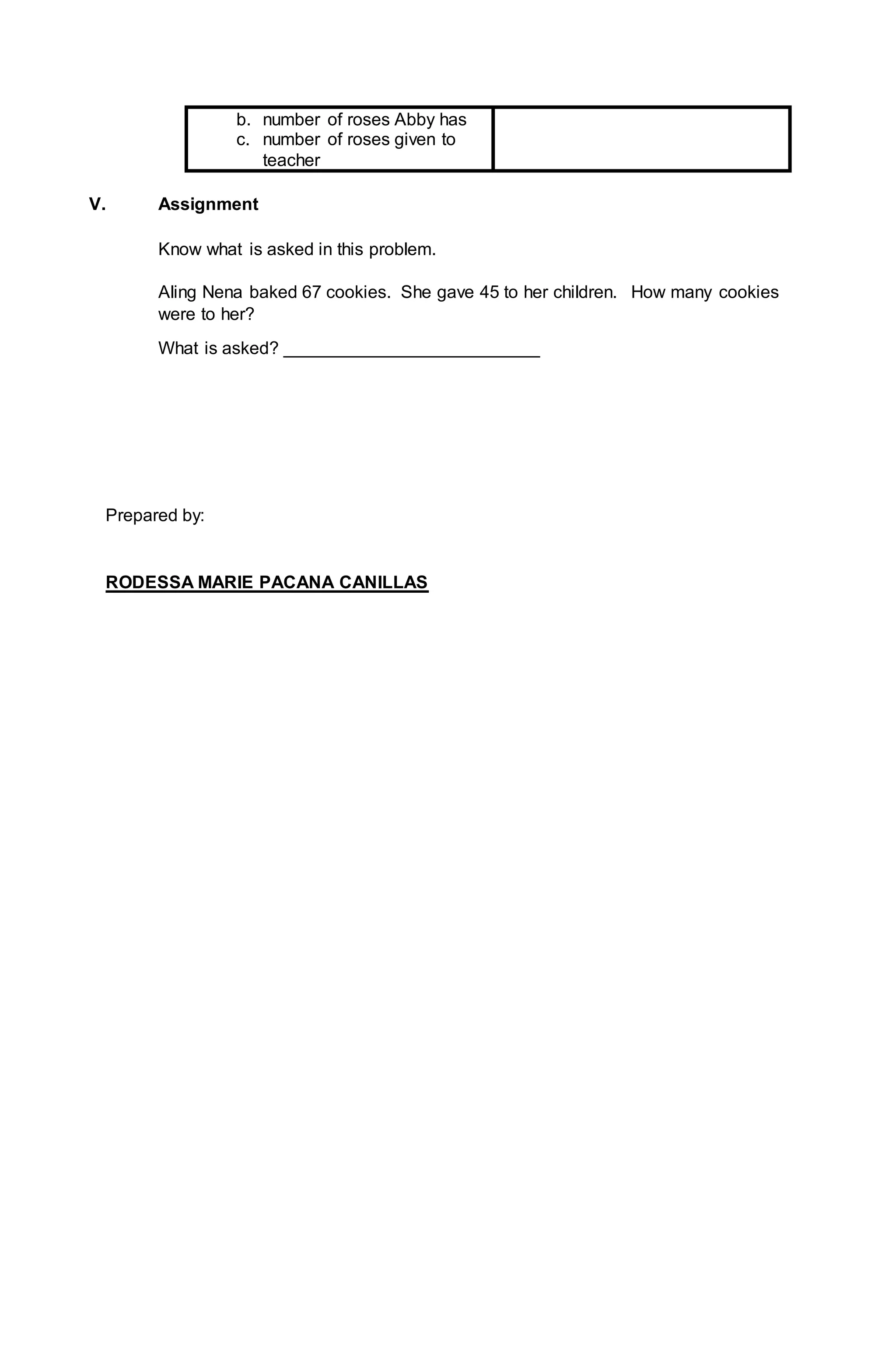 b. number of roses Abby has
c. number of roses given to
teacher
V. Assignment
Know what is asked in this problem.
Aling Nena baked 67 cookies. She gave 45 to her children. How many cookies
were to her?
What is asked? __________________________
Prepared by:
RODESSA MARIE PACANA CANILLAS
 