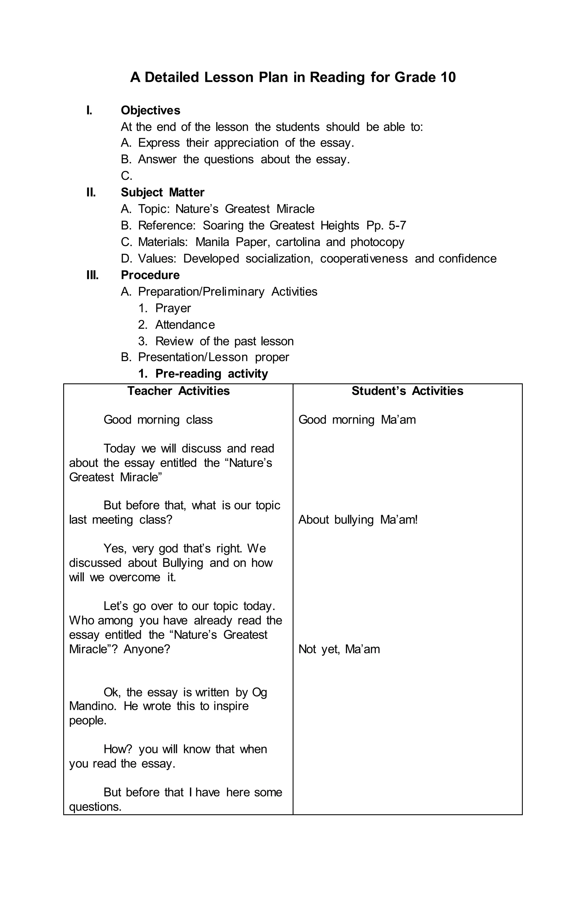 A detailed lesson plan in reading for grade 10 PDF