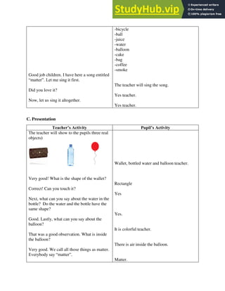 Good job children. I have here a song entitled
“matter”. Let me sing it first.
Did you love it?
Now, let us sing it altogether.
-bicycle
-ball
-juice
-water
-balloon
-cake
-bag
-coffee
-smoke
The teacher will sing the song.
Yes teacher.
Yes teacher.
C. Presentation
Teacher’s Activity Pupil’s Activity
The teacher will show to the pupils three real
objects)
Very good! What is the shape of the wallet?
Correct! Can you touch it?
Next, what can you say about the water in the
bottle? Do the water and the bottle have the
same shape?
Good. Lastly, what can you say about the
balloon?
That was a good observation. What is inside
the balloon?
Very good. We call all those things as matter.
Everybody say “matter”.
Wallet, bottled water and balloon teacher.
Rectangle
Yes
Yes.
It is colorful teacher.
There is air inside the balloon.
Matter.
 