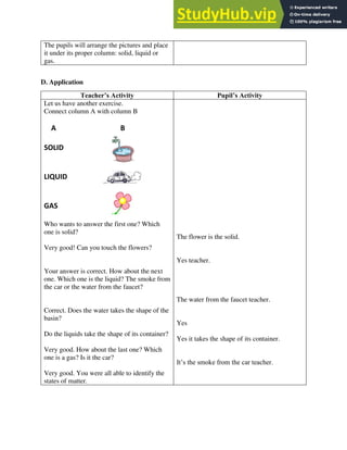 The pupils will arrange the pictures and place
it under its proper column: solid, liquid or
gas.
D. Application
Teacher’s Activity Pupil’s Activity
Let us have another exercise.
Connect column A with column B
A B
SOLID
LIQUID
GAS
Who wants to answer the first one? Which
one is solid?
Very good! Can you touch the flowers?
Your answer is correct. How about the next
one. Which one is the liquid? The smoke from
the car or the water from the faucet?
Correct. Does the water takes the shape of the
basin?
Do the liquids take the shape of its container?
Very good. How about the last one? Which
one is a gas? Is it the car?
Very good. You were all able to identify the
states of matter.
The flower is the solid.
Yes teacher.
The water from the faucet teacher.
Yes
Yes it takes the shape of its container.
It’s the smoke from the car teacher.
 