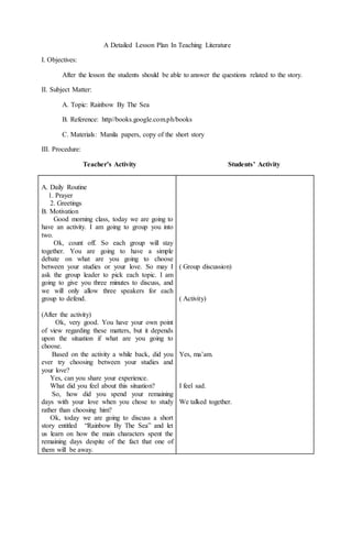 A Detailed Lesson Plan In Teaching Literature
I. Objectives:
After the lesson the students should be able to answer the questions related to the story.
II. Subject Matter:
A. Topic: Rainbow By The Sea
B. Reference: http//books.google.com.ph/books
C. Materials: Manila papers, copy of the short story
III. Procedure:
Teacher’s Activity Students’ Activity
A. Daily Routine
1. Prayer
2. Greetings
B. Motivation
Good morning class, today we are going to
have an activity. I am going to group you into
two.
Ok, count off. So each group will stay
together. You are going to have a simple
debate on what are you going to choose
between your studies or your love. So may I
ask the group leader to pick each topic. I am
going to give you three minutes to discuss, and
we will only allow three speakers for each
group to defend.
(After the activity)
Ok, very good. You have your own point
of view regarding these matters, but it depends
upon the situation if what are you going to
choose.
Based on the activity a while back, did you
ever try choosing between your studies and
your love?
Yes, can you share your experience.
What did you feel about this situation?
So, how did you spend your remaining
days with your love when you chose to study
rather than choosing him?
Ok, today we are going to discuss a short
story entitled “Rainbow By The Sea” and let
us learn on how the main characters spent the
remaining days despite of the fact that one of
them will be away.
( Group discussion)
( Activity)
Yes, ma’am.
I feel sad.
We talked together.
 