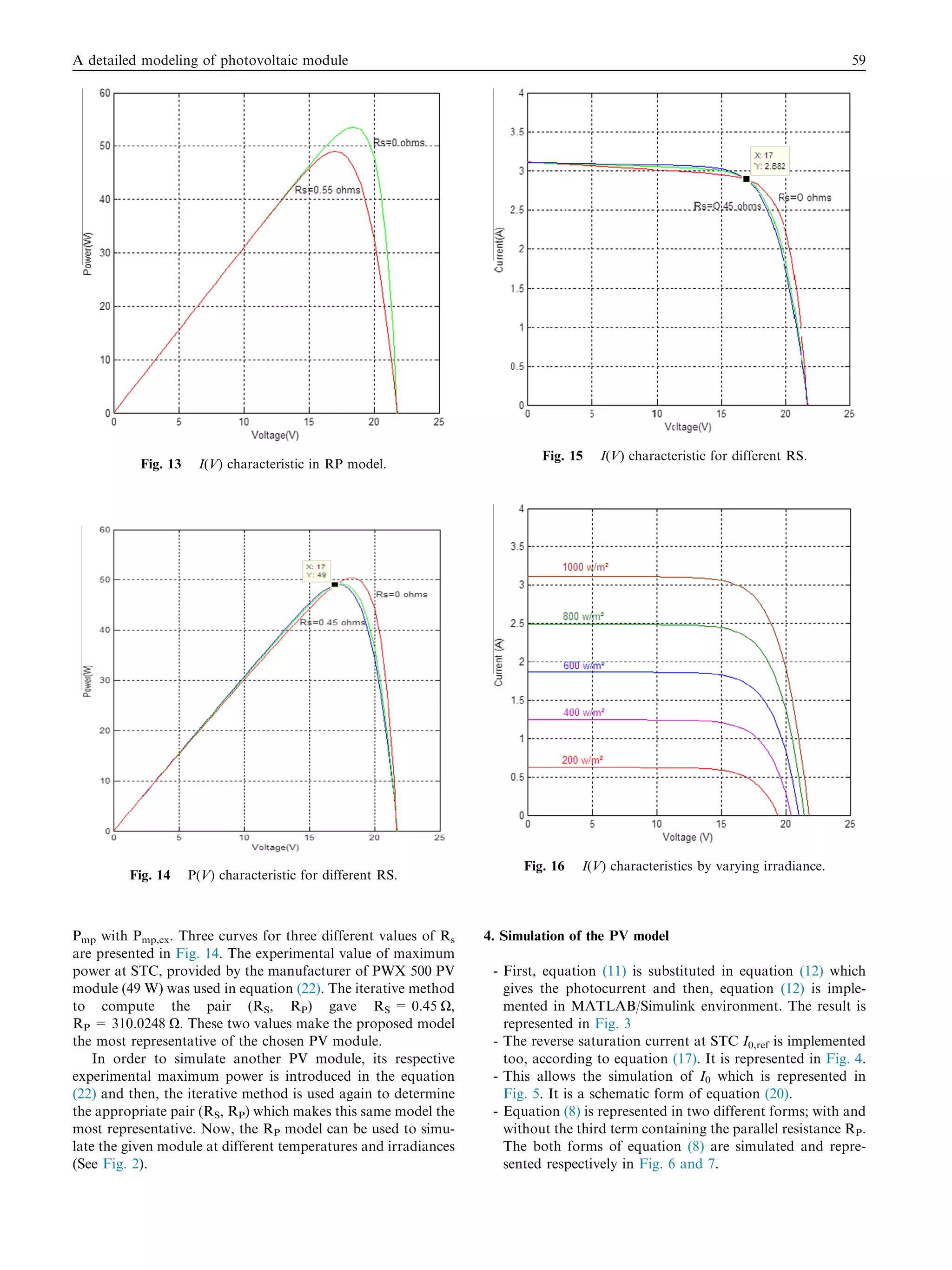 Pmp with Pmp,ex. Three curves for three different values of Rs
are presented in Fig. 14. The experimental value of maximum
power at STC, provided by the manufacturer of PWX 500 PV
module (49 W) was used in equation (22). The iterative method
to compute the pair (RS, RP) gave RS = 0.45 O,
RP = 310.0248 O. These two values make the proposed model
the most representative of the chosen PV module.
In order to simulate another PV module, its respective
experimental maximum power is introduced in the equation
(22) and then, the iterative method is used again to determine
the appropriate pair (RS, RP) which makes this same model the
most representative. Now, the RP model can be used to simu-
late the given module at different temperatures and irradiances
(See Fig. 2).
4. Simulation of the PV model
- First, equation (11) is substituted in equation (12) which
gives the photocurrent and then, equation (12) is imple-
mented in MATLAB/Simulink environment. The result is
represented in Fig. 3
- The reverse saturation current at STC I0,ref is implemented
too, according to equation (17). It is represented in Fig. 4.
- This allows the simulation of I0 which is represented in
Fig. 5. It is a schematic form of equation (20).
- Equation (8) is represented in two different forms; with and
without the third term containing the parallel resistance RP.
The both forms of equation (8) are simulated and repre-
sented respectively in Fig. 6 and 7.
Fig. 13 I(V) characteristic in RP model.
Fig. 14 P(V) characteristic for different RS.
Fig. 15 I(V) characteristic for different RS.
Fig. 16 I(V) characteristics by varying irradiance.
A detailed modeling of photovoltaic module 59
 