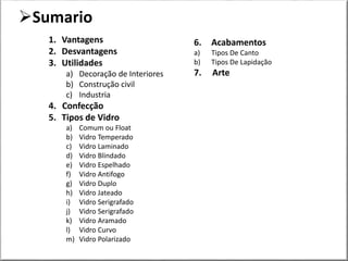 Sumario
1. Vantagens
2. Desvantagens
3. Utilidades
a) Decoração de Interiores
b) Construção civil
c) Industria
4. Confecção
5. Tipos de Vidro
a) Comum ou Float
b) Vidro Temperado
c) Vidro Laminado
d) Vidro Blindado
e) Vidro Espelhado
f) Vidro Antifogo
g) Vidro Duplo
h) Vidro Jateado
i) Vidro Serigrafado
j) Vidro Serigrafado
k) Vidro Aramado
l) Vidro Curvo
m) Vidro Polarizado
6. Acabamentos
a) Tipos De Canto
b) Tipos De Lapidação
7. Arte
 