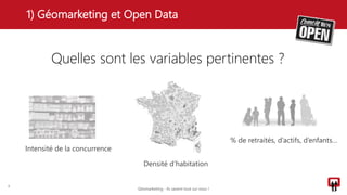1) Géomarketing et Open Data
9
Quelles sont les variables pertinentes ?
Intensité de la concurrence
Densité d’habitation
% de retraités, d’actifs, d’enfants…
Géomarketing - Ils savent tout sur vous !
 
