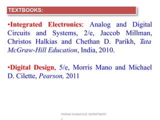 P
.KIRAN KUMAR,ECE DEPARTMENT
Circuits and
•Integrated Electronics: Analog and Digital
Systems, 2/e, Jaccob Millman,
Christos Halkias and Chethan D. Parikh, Tata
McGraw-Hill Education, India, 2010.
•Digital Design, 5/e, Morris Mano and Michael
D. Cilette, Pearson, 2011
TEXTBOOKS:
 