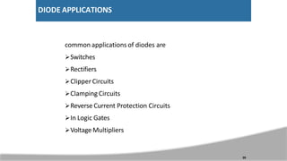 DIODE APPLICATIONS
common applications of diodes are
Switches
Rectifiers
Clipper Circuits
Clamping Circuits
Reverse Current Protection Circuits
In Logic Gates
Voltage Multipliers
20
 