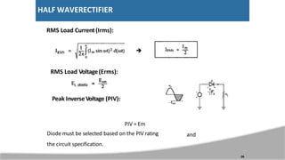 HALF WAVERECTIFIER
RMS Load Current (Irms):

RMS Load Voltage(Erms):
Peak Inverse Voltage (PIV):
and
26
PIV = Em
Diode must be selected based on the PIV rating
the circuit specification.
 