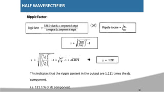 HALF WAVERECTIFIER
RippleFactor:
(or)
30

This indicates that the ripple content in the output are 1.211 times the dc
component.
i.e. 121.1 % of dc component.
 