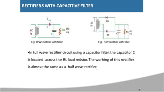 RECTIFIERS WITH CAPACITIVE FILTER
Fig: H/W rectifier with filter Fig: F/W rectifier with filter
•In full wave rectifier circuit using a capacitor filter,the capacitor C
is located across the RL load resistor. The working of this rectifier
is almost the same as a half wave rectifier.
45
 